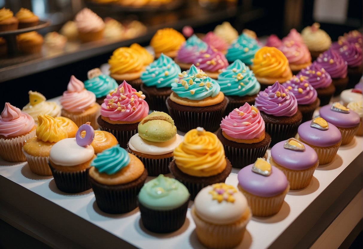 A display of twelve colorful cupcakes with promotional signage in a Singaporean bakery