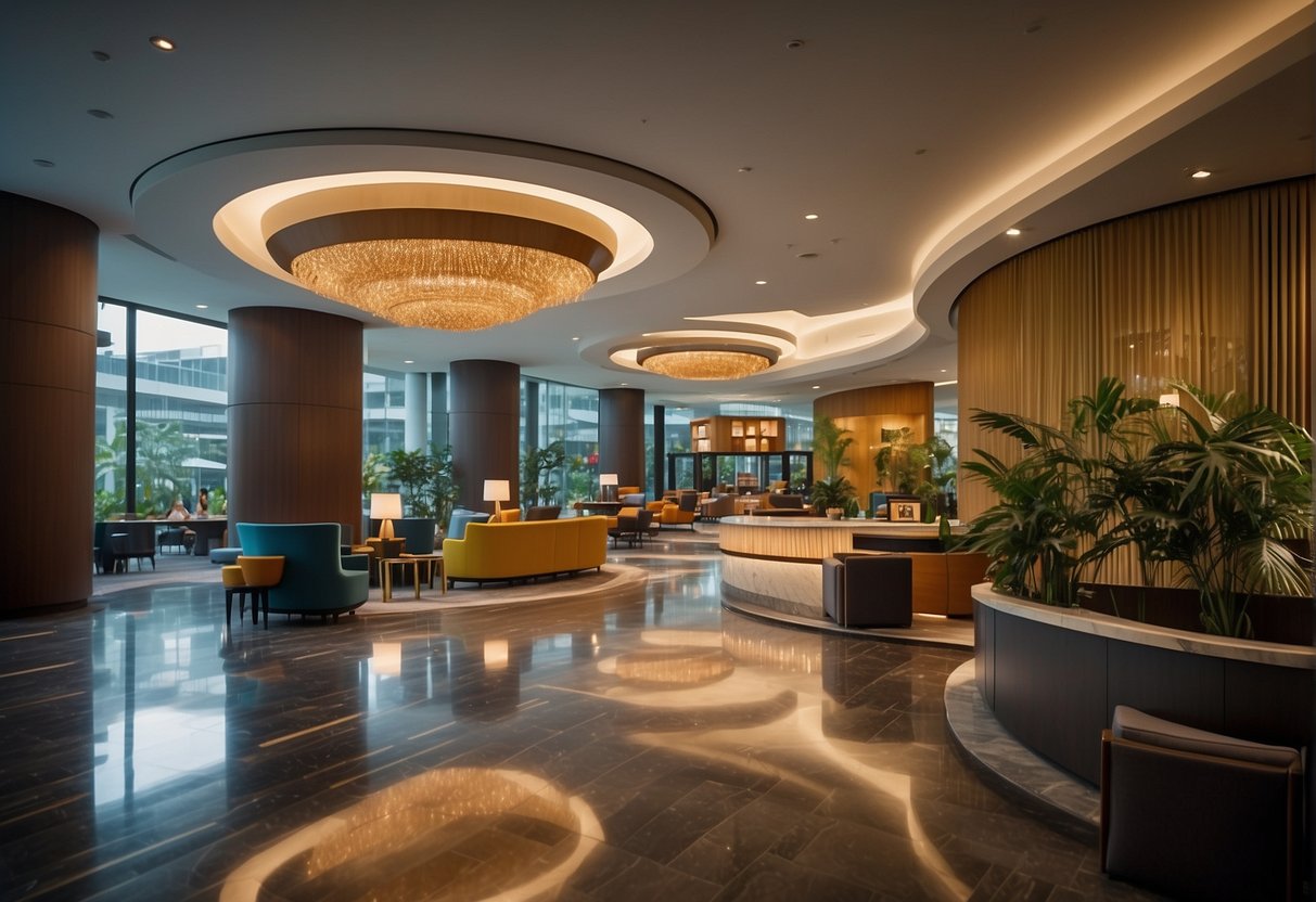 The bustling lobby of Hotel Jen in Singapore, with vibrant promotional displays and happy guests enjoying the amenities
