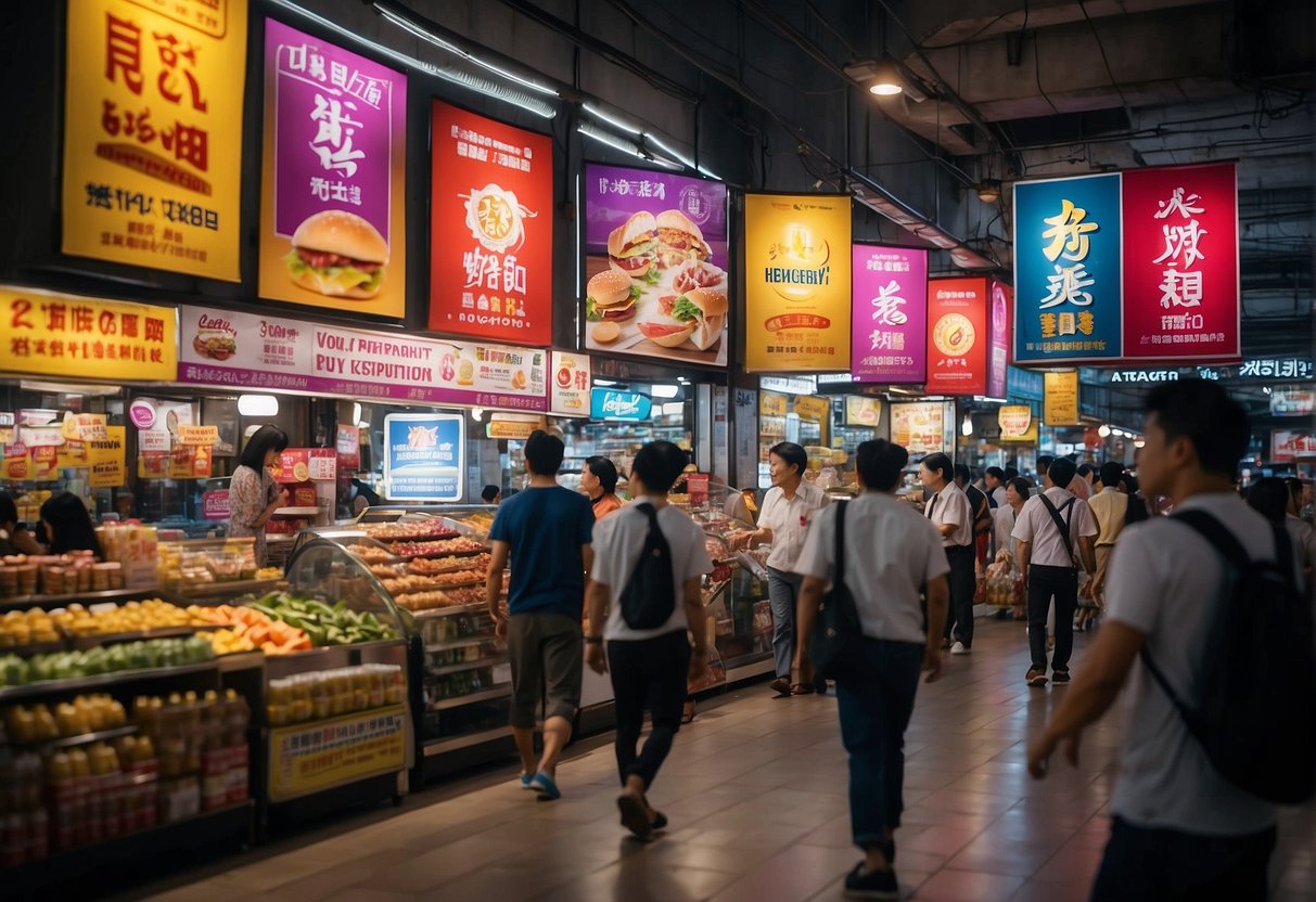 Brightly colored banners and signs advertising Vitagen promotions in a busy Singaporean marketplace