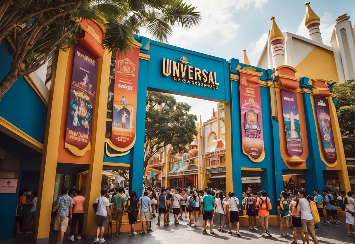 Universal Studios Singapore promotions: Brightly colored banners and cheerful characters draw in crowds at the entrance, while staff distribute flyers and discounts