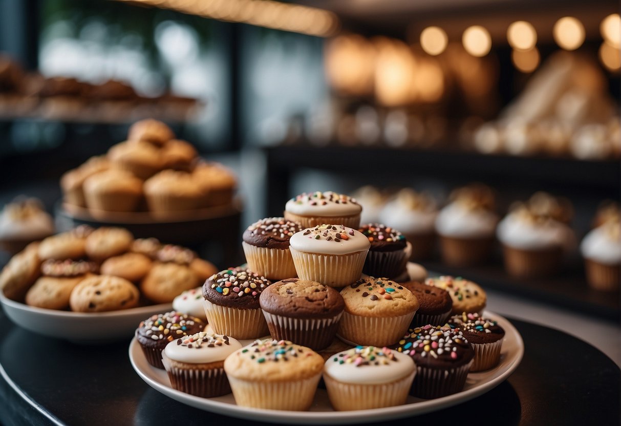 A display of exquisite cookies and twelve cupcakes with a promotional sign for Singapore