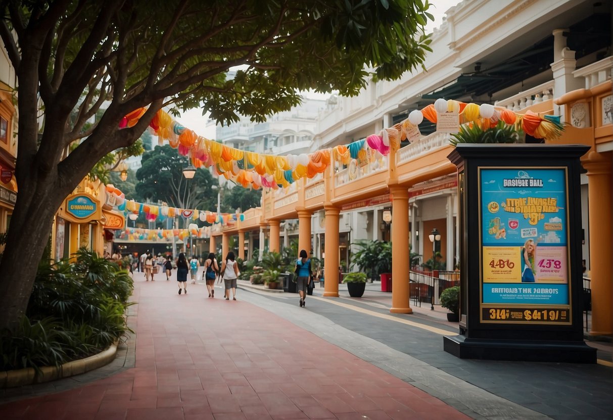 Brightly colored banners and signs line the walkways, promoting special offers and discounts at Universal Studios Singapore