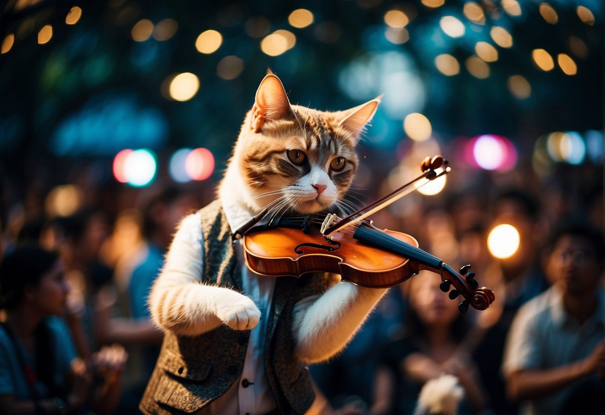 A cat playing a fiddle on a stage with bright lights and a crowd of people watching in Singapore
