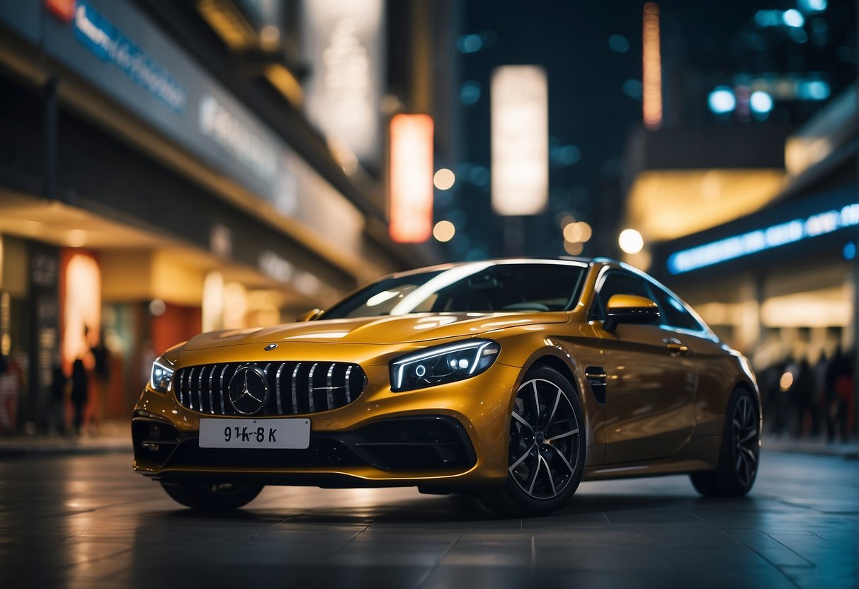 A shiny new car sits in the spotlight, surrounded by banners advertising exciting loan promotions in Singapore