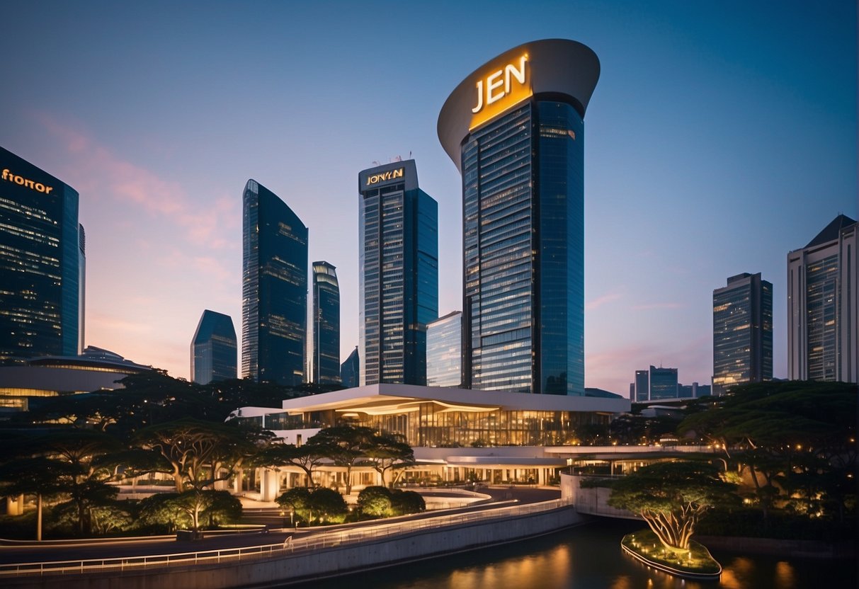 Hotel Jen promotions in Singapore: vibrant city skyline, iconic hotel facade, guests enjoying amenities, and promotional signage displayed prominently