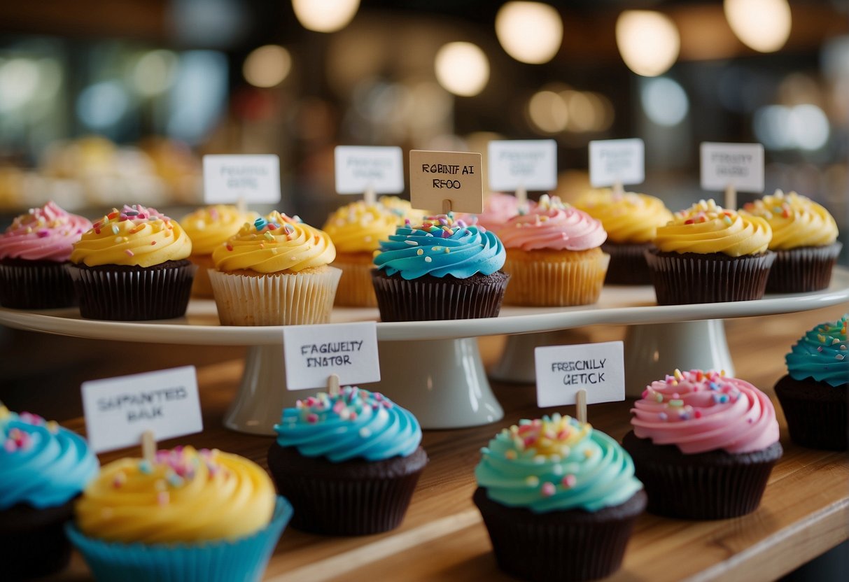 A display of colorful cupcakes with "Frequently Asked Questions" signage in a bustling Singapore bakery