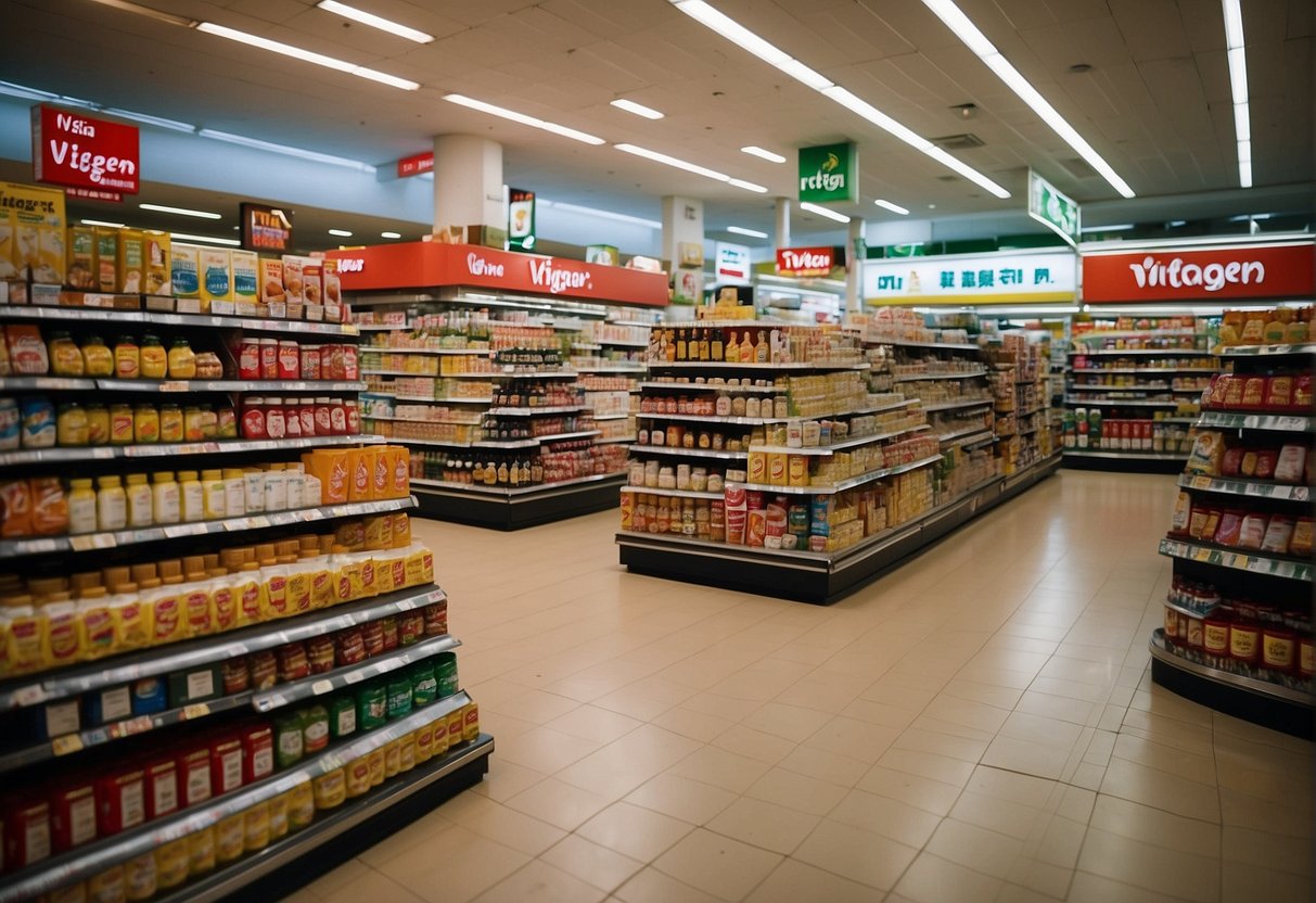 A vibrant display of Vitagen products with promotional signs in a bustling Singaporean supermarket