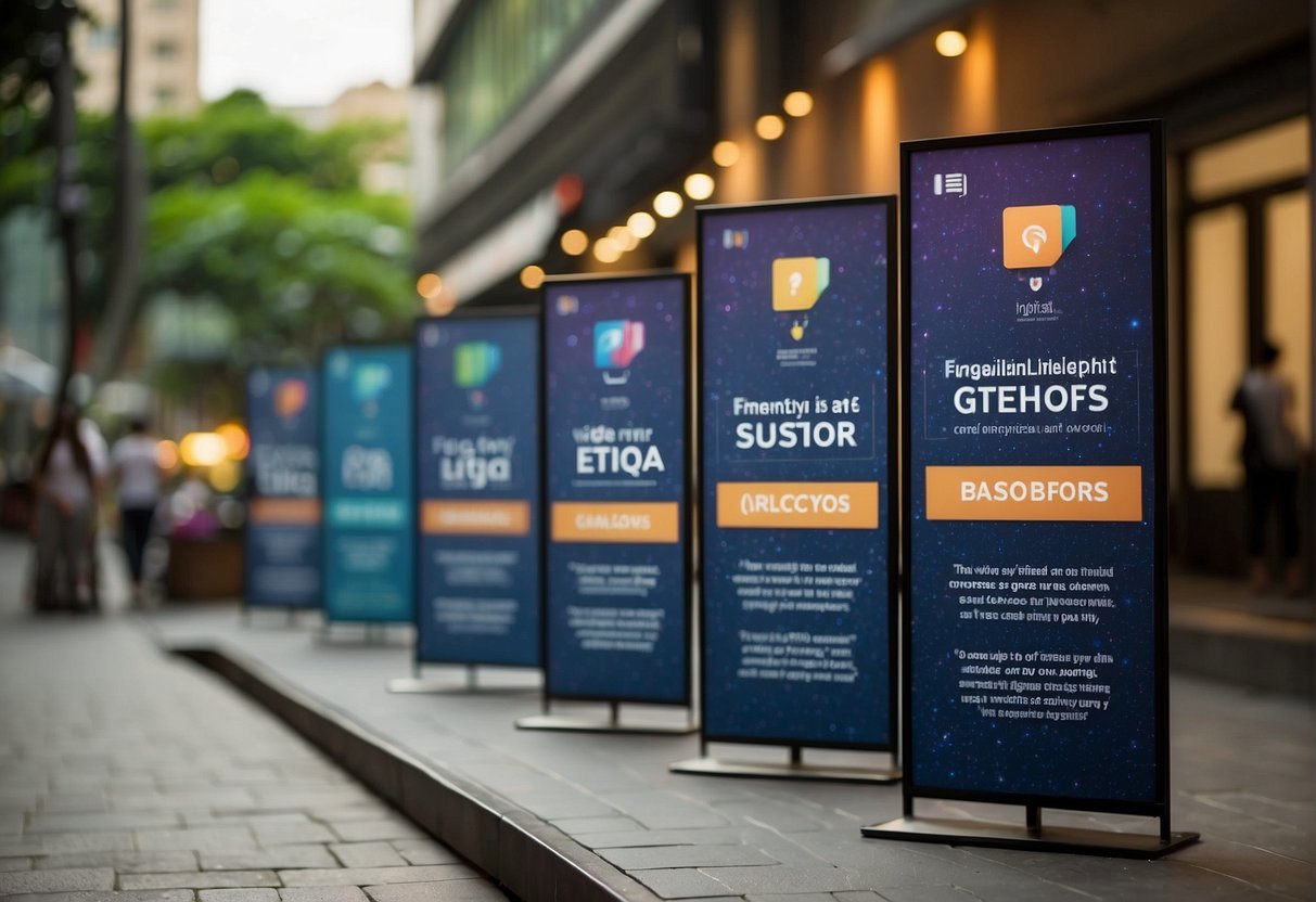 A vibrant display of "Frequently Asked Questions" banners and promotional materials for Etiqa in Singapore