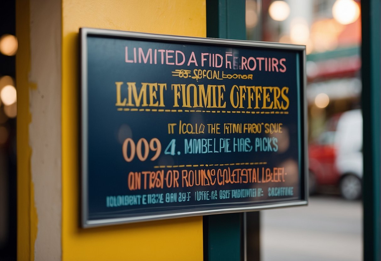 A colorful signboard with bold text "Limited-Time Special Offers" and "Cat and the Fiddle Promotions Singapore" displayed outside a shop