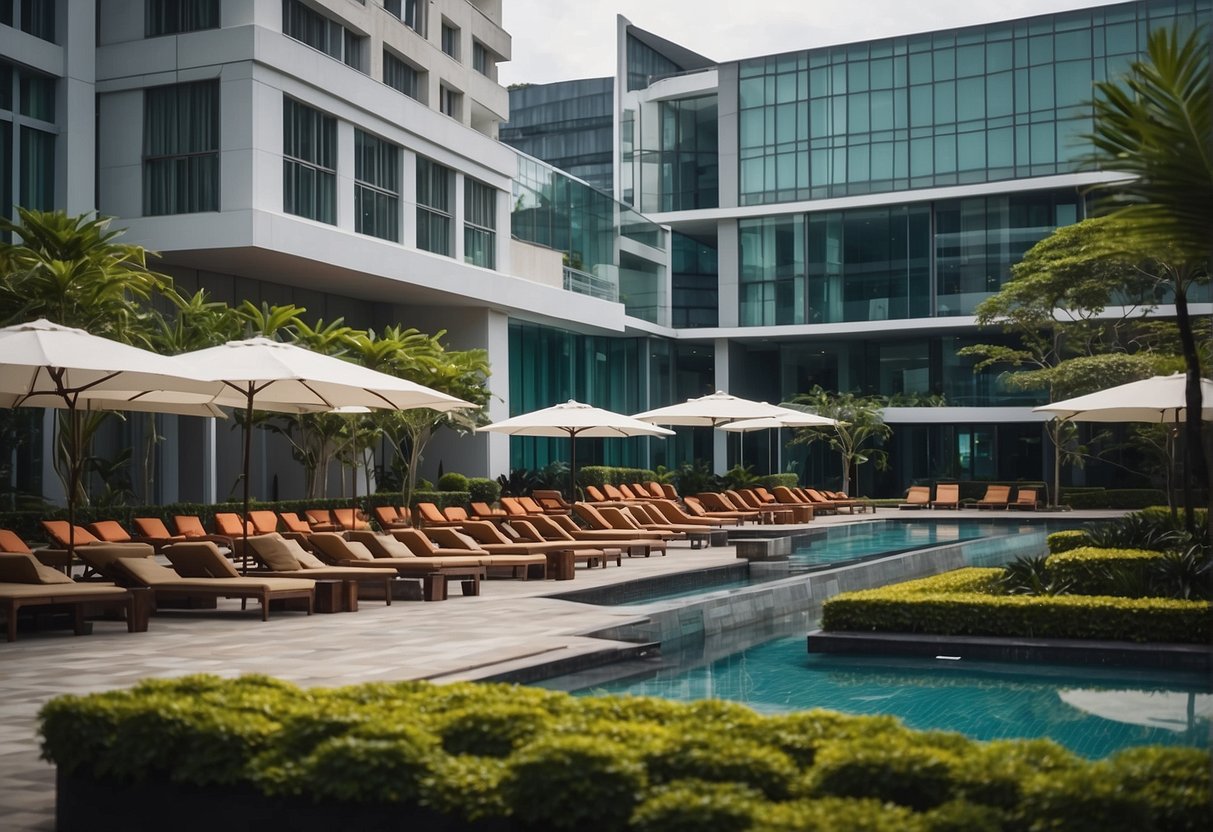 The hotel Jen promotions in Singapore are showcased with vibrant colors, modern architecture, and a bustling atmosphere