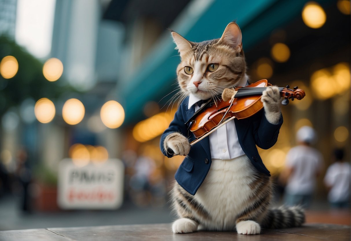 A cat playing a fiddle with a sign promoting FAQs in a Singapore setting