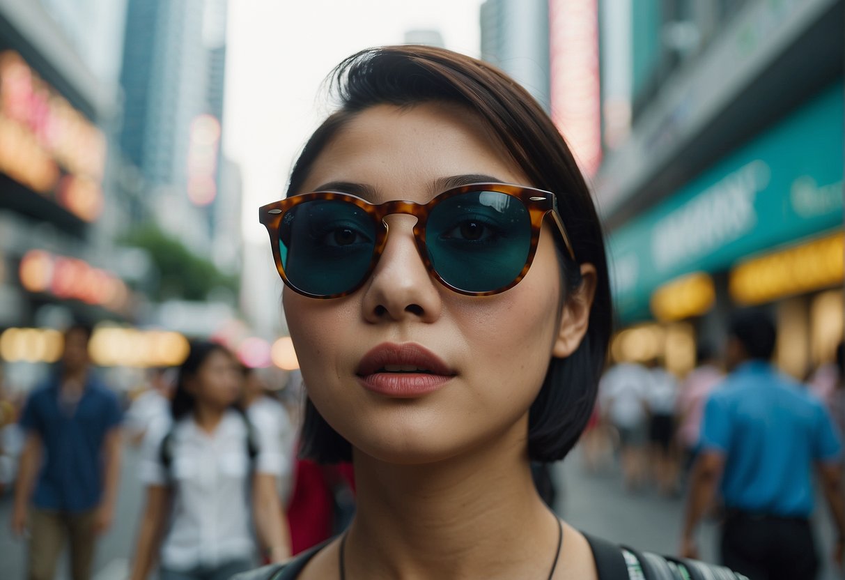 A vibrant city street with a large billboard displaying "Ray Ban promotions Singapore" against a backdrop of bustling shops and people