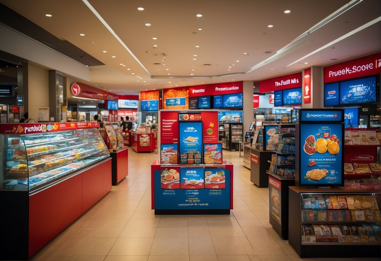 A vibrant display of Prudential Singapore promotions, featuring bold colors and eye-catching graphics, draws in potential customers at a bustling shopping center