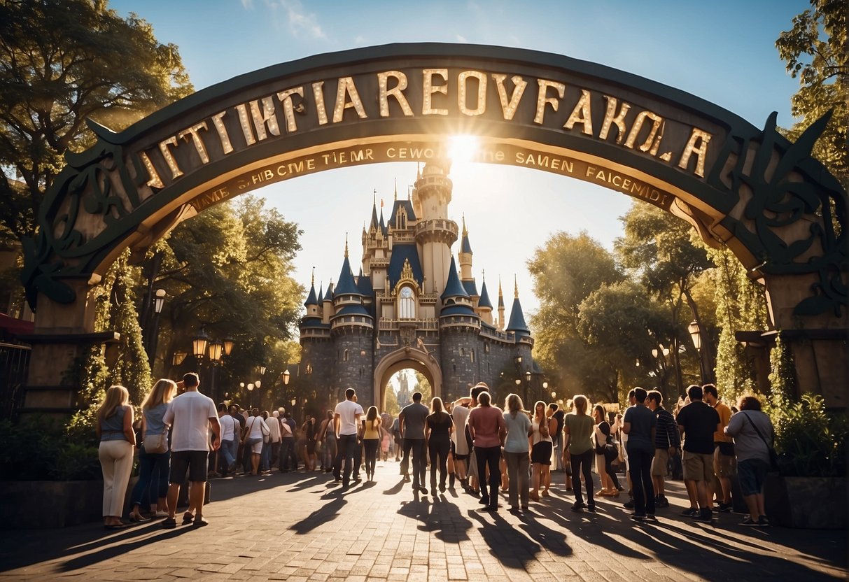 A bustling theme park entrance with a large promotional banner and excited visitors lining up