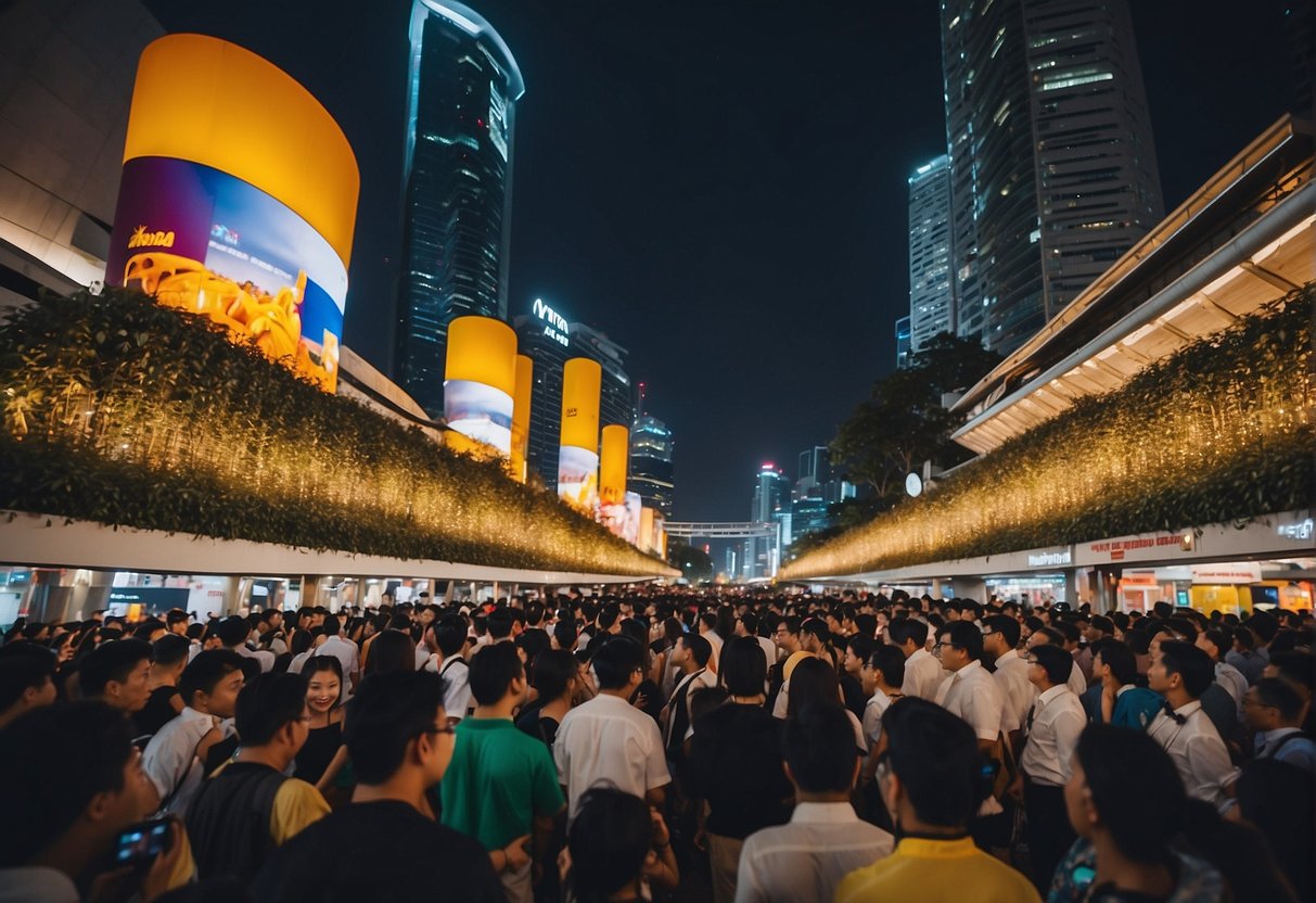 Bright lights illuminate the bustling streets of F1 Singapore promotions, with colorful banners and excited crowds filling the air