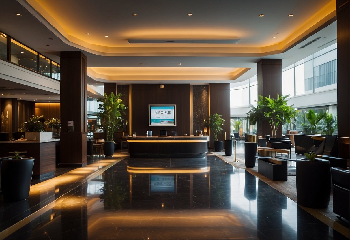 A vibrant hotel lobby with a prominent "Frequently Asked Questions" sign next to a display of various promotional materials for Hotel Jen in Singapore