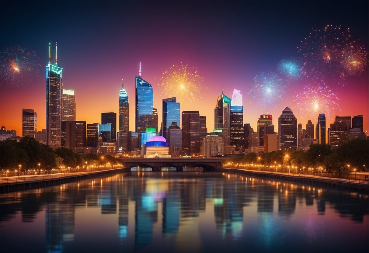 A vibrant city skyline with Prudential's logo prominently displayed, surrounded by colorful bursts of light and text highlighting exciting offers for 2024
