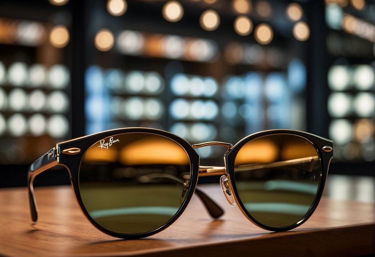 A display of Ray Ban eyewear promotions in a sleek, modern setting with bright lighting and bold signage