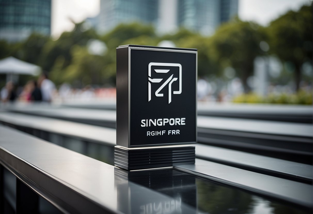 The Singapore Grand Prix logo prominently displayed with 2024 promotions and F1 branding in a sleek and modern setting