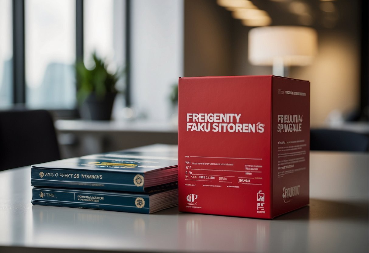 A stack of promotional materials with Prudential Singapore branding, surrounded by question marks and a "Frequently Asked Questions" sign