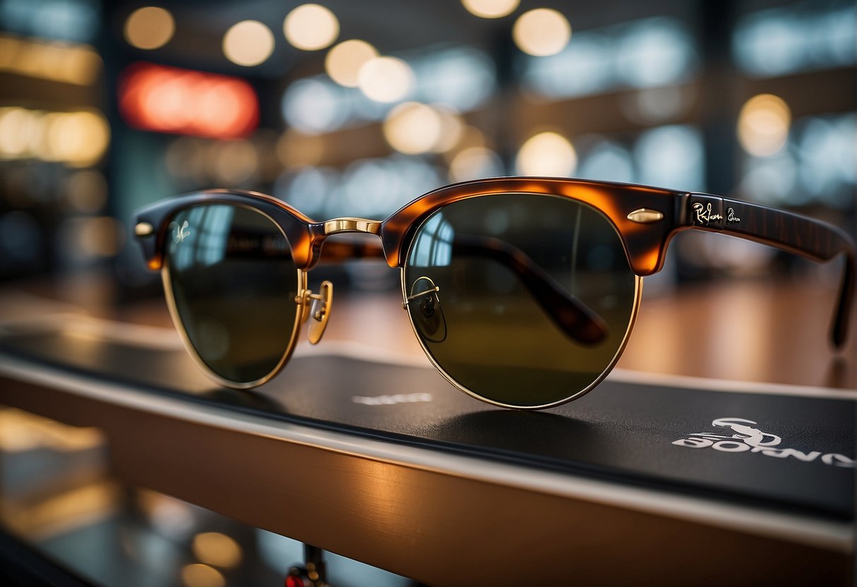 A display of Ray Ban sunglasses with promotional signs and logos in a Singaporean retail setting