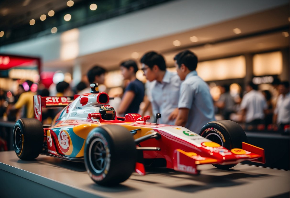 A family enjoys F1 promotions in Singapore, with kids playing games, parents browsing merchandise, and a colorful F1 car on display