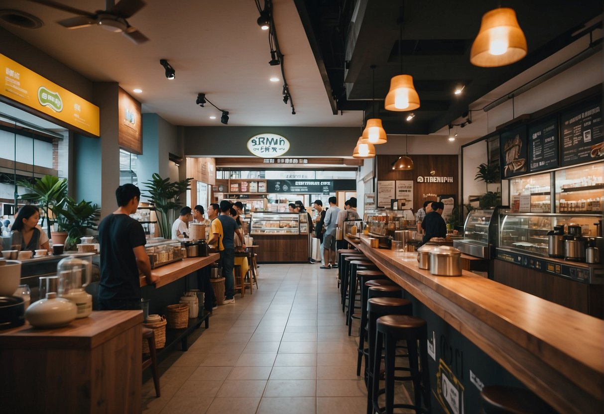 A bustling Ya Kun outlet in Singapore with colorful promotional posters and a queue of customers. The aroma of freshly brewed coffee fills the air