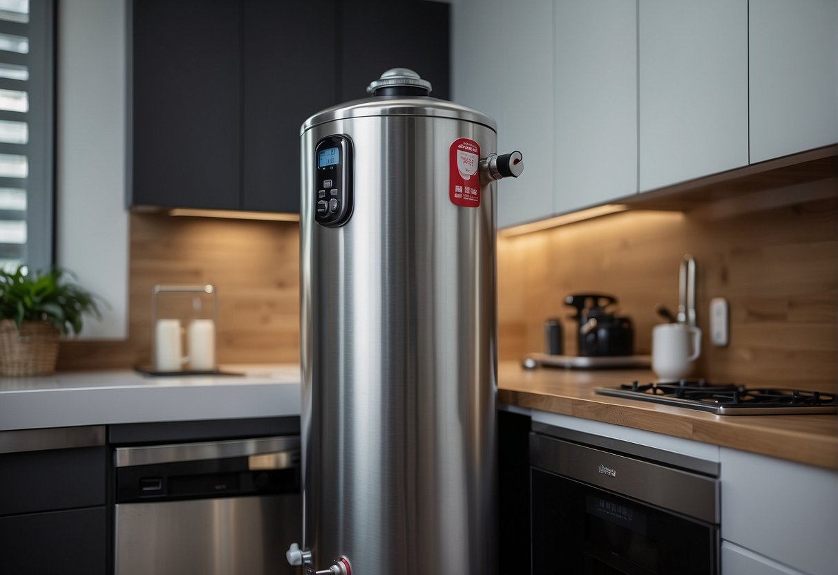A water heater stands in a modern kitchen, surrounded by promotional materials and banners advertising discounts and deals in Singapore