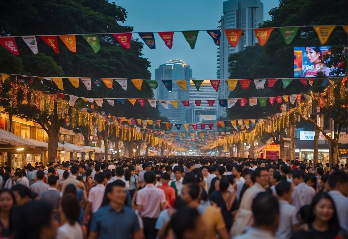 A bustling street with colorful banners promoting F1 Singapore promotions. Bright lights and excited crowds add to the lively atmosphere