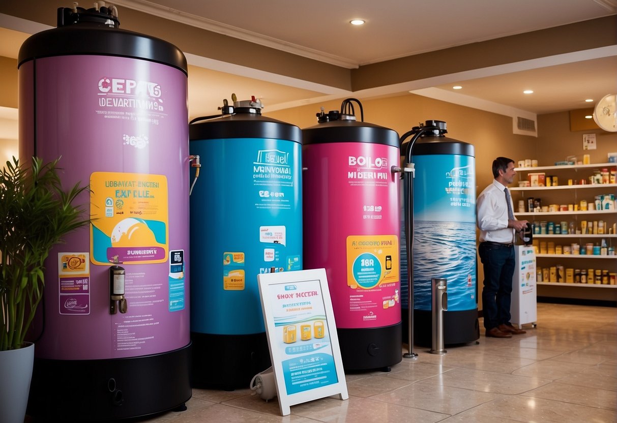 A family of water heaters displayed with vibrant promotional banners and signs, surrounded by eager customers and sales representatives