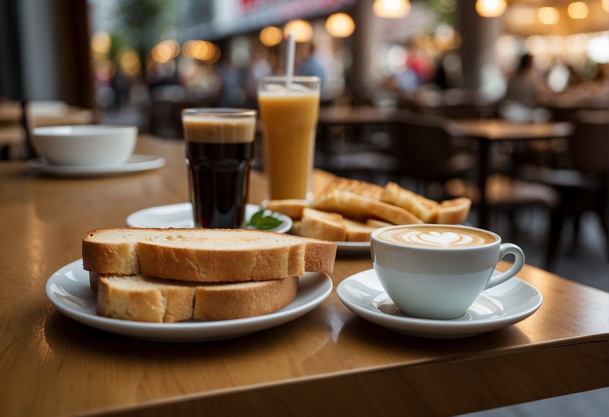 A table with Kaya Toast and coffee, surrounded by promotional signs and a bustling atmosphere