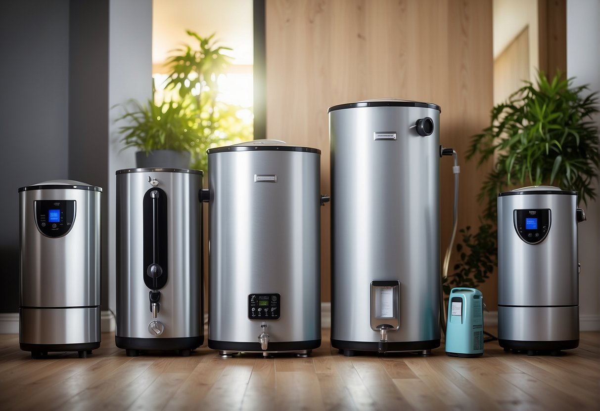 A family home with a variety of water heaters on display, showcasing different sizes and features. A promotional banner in the background advertises special offers