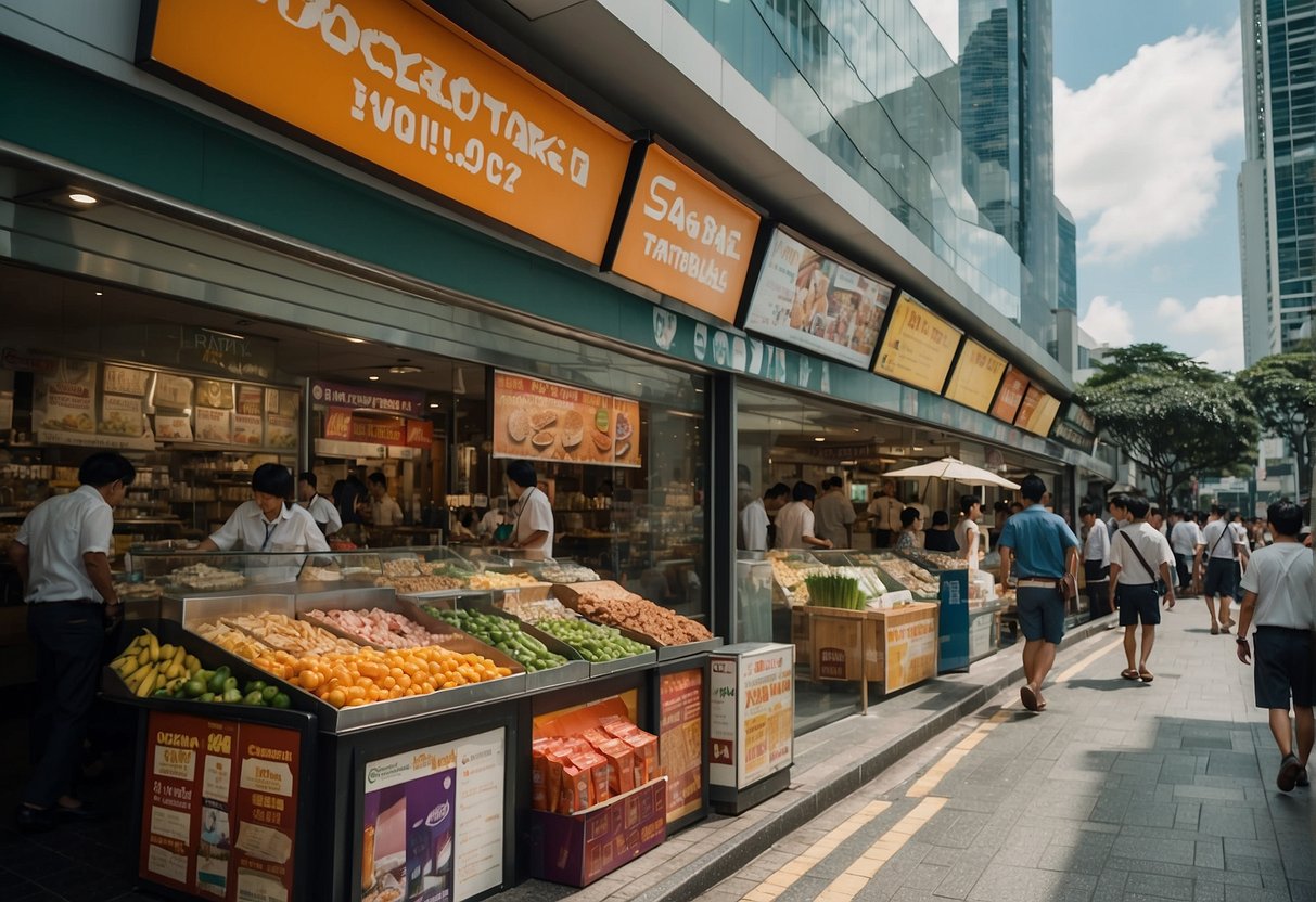 A bustling Singapore street with colorful Hypocol promotions displayed in shop windows and on billboards