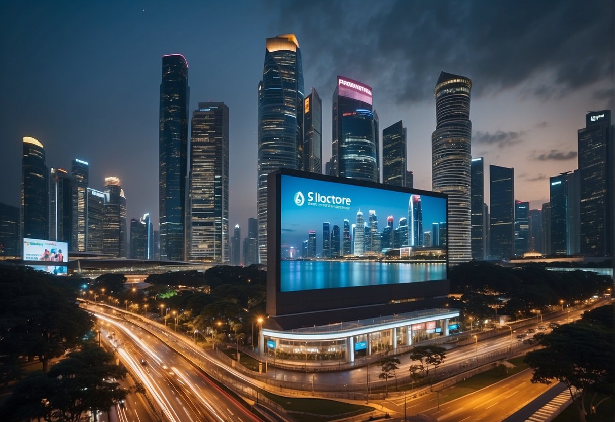 A vibrant cityscape with skyscrapers and digital billboards advertising fibre broadband promotions in Singapore