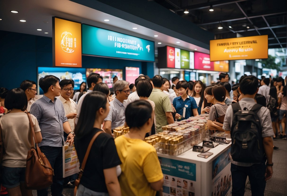 A bustling Ya Kun promotions booth in Singapore, with a queue of customers and colorful promotional materials on display