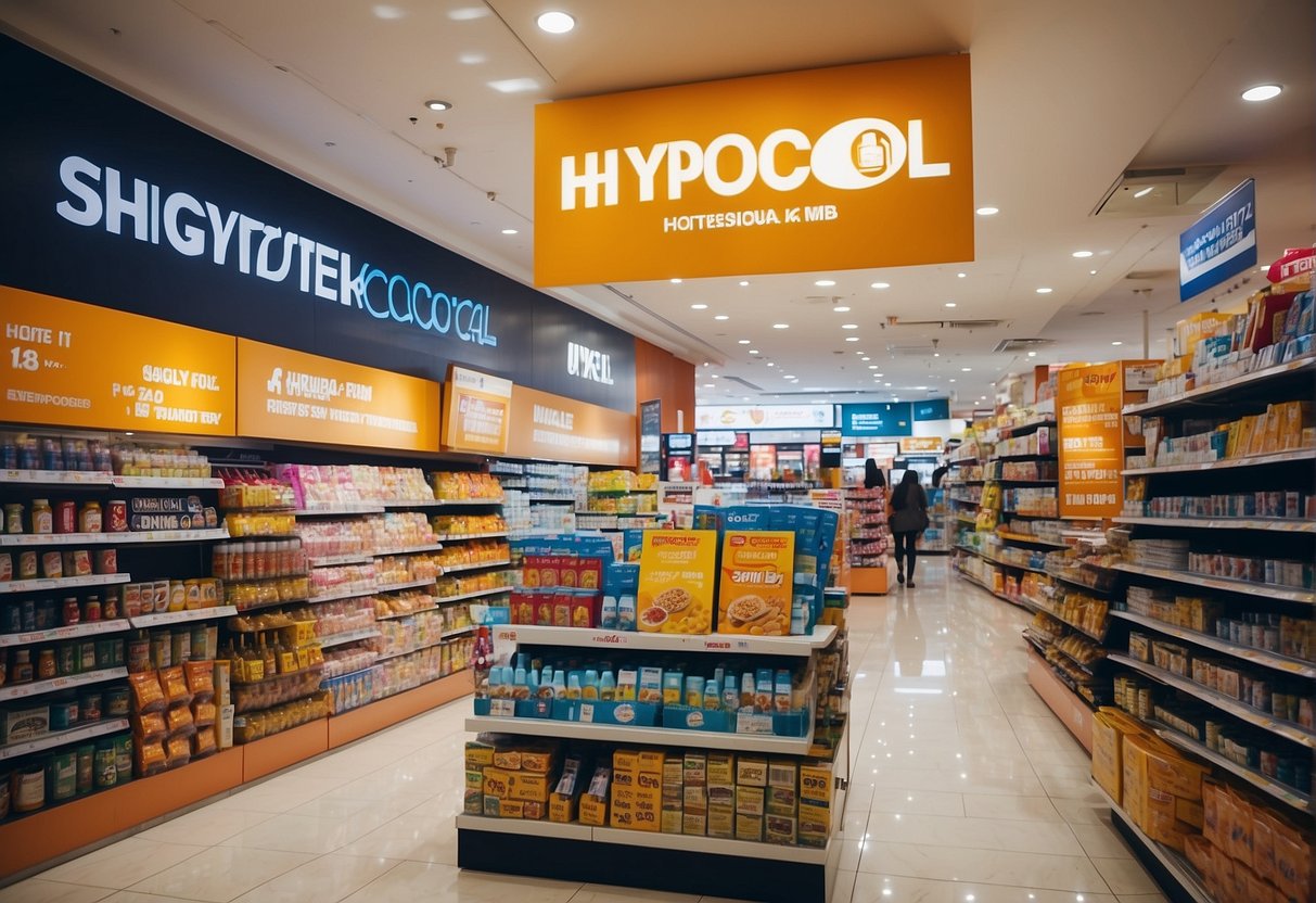 A vibrant display of Hypocol products with eye-catching promotional signs in a bustling Singaporean retail setting
