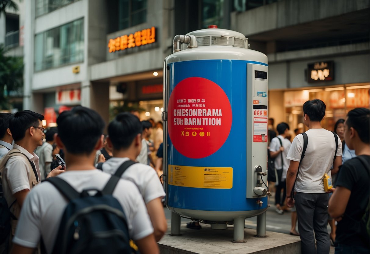 A water heater with promotional banners, surrounded by curious onlookers in Singapore
