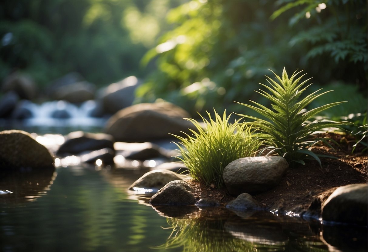 A serene setting with natural elements, like plants and water, surrounded by a calming atmosphere, representing holistic health and wellness
