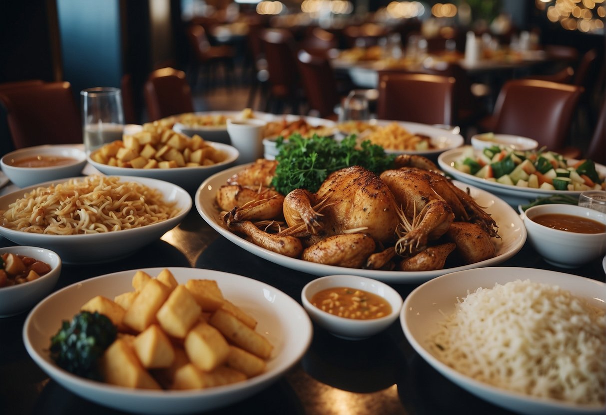 A festive table spread with traditional Christmas dishes and promotional signs in a bustling Singaporean restaurant