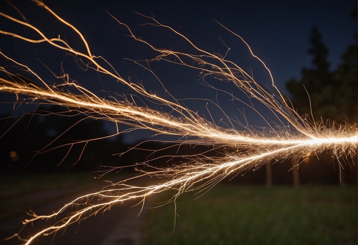 A lightning bolt strikes a fiber optic cable, causing sparks to fly and light to streak across the sky