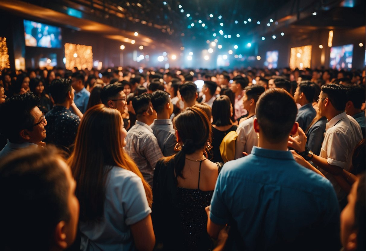 A vibrant crowd gathers at Club 21 promotions, Singapore. Bright lights and upbeat music fill the air as people mingle and enjoy the event