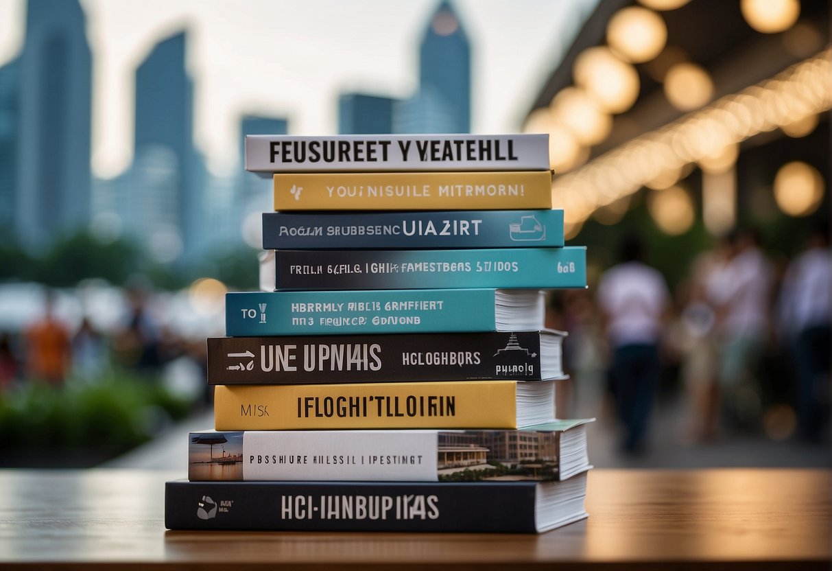 A stack of promotional materials with "Frequently Asked Questions" displayed, surrounded by Singaporean landmarks