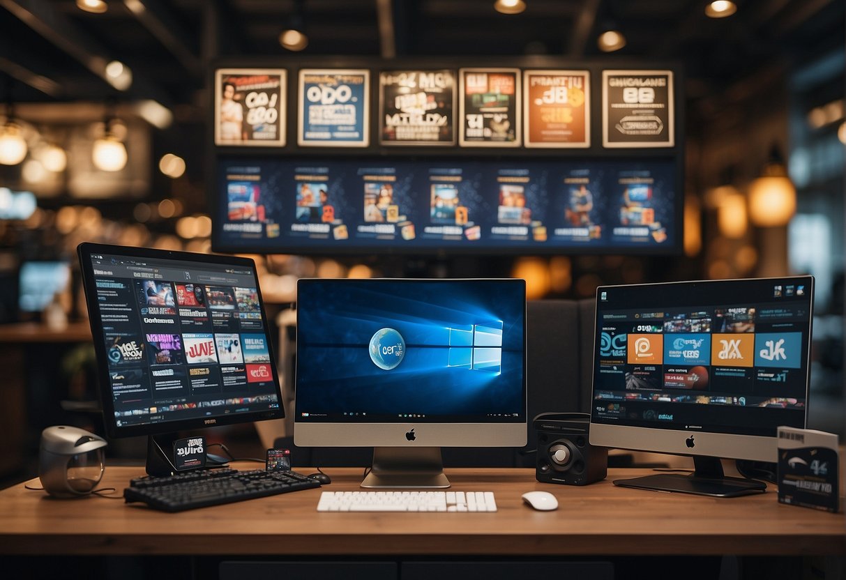 A desktop PC surrounded by promotional banners and discount signs in Singapore