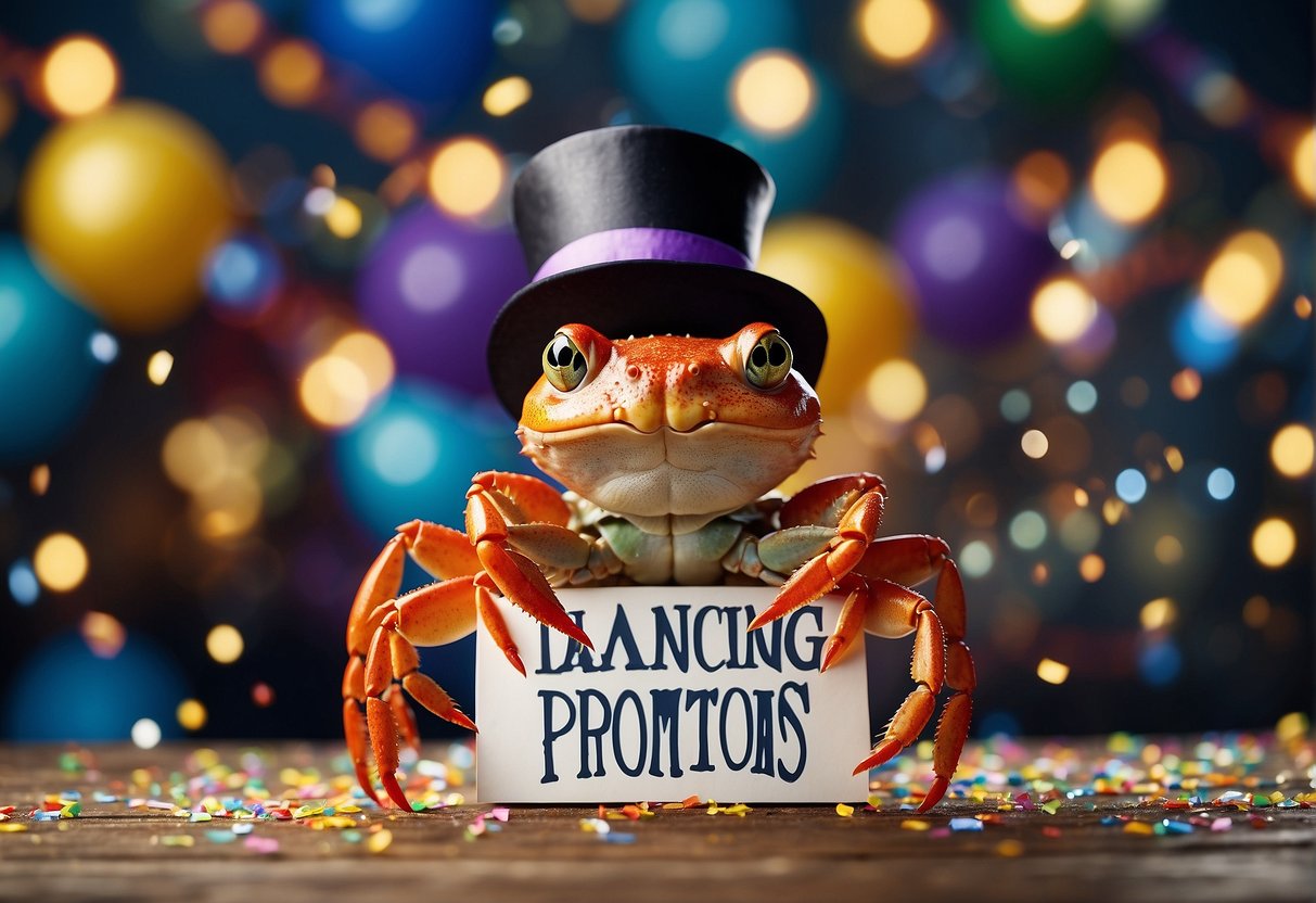 A crab wearing a top hat and bow tie, holding a sign with "Dancing Crab Promotions" in its claws, surrounded by colorful banners and confetti