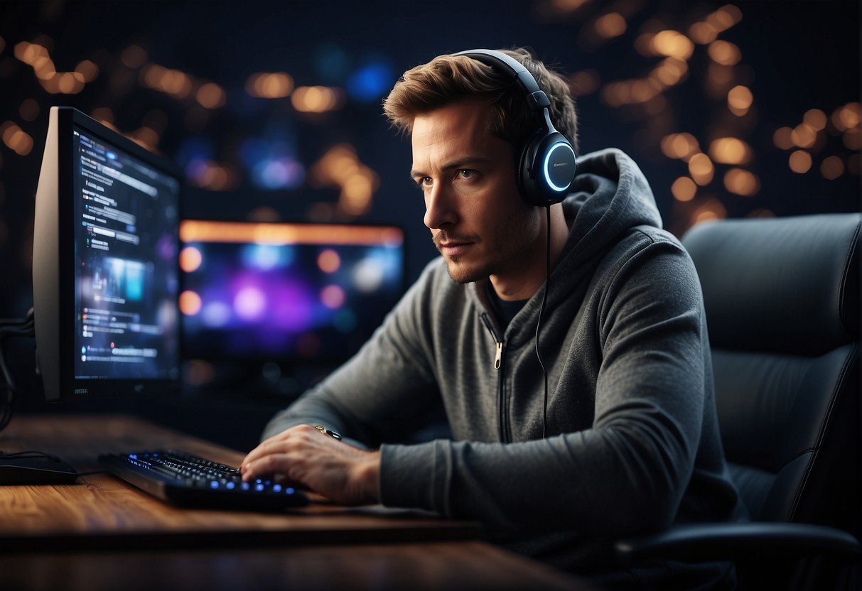 A person sitting in front of a computer, with a fast internet connection, enjoying a seamless gaming and streaming experience