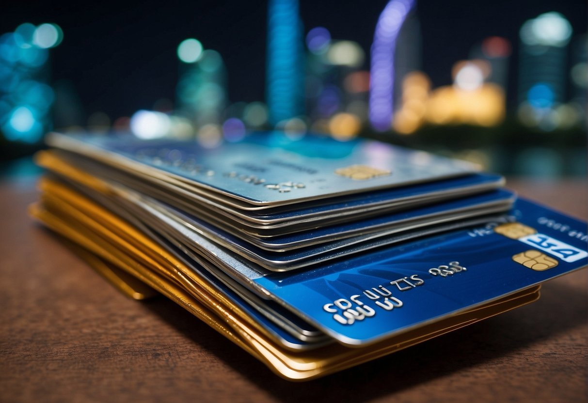 A stack of credit cards with "promotions Singapore" displayed, surrounded by iconic Singaporean landmarks like the Marina Bay Sands and the Merlion statue