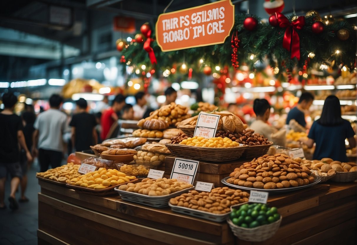 A festive display of Christmas-themed food items with promotional signs and decorations in a bustling Singaporean marketplace