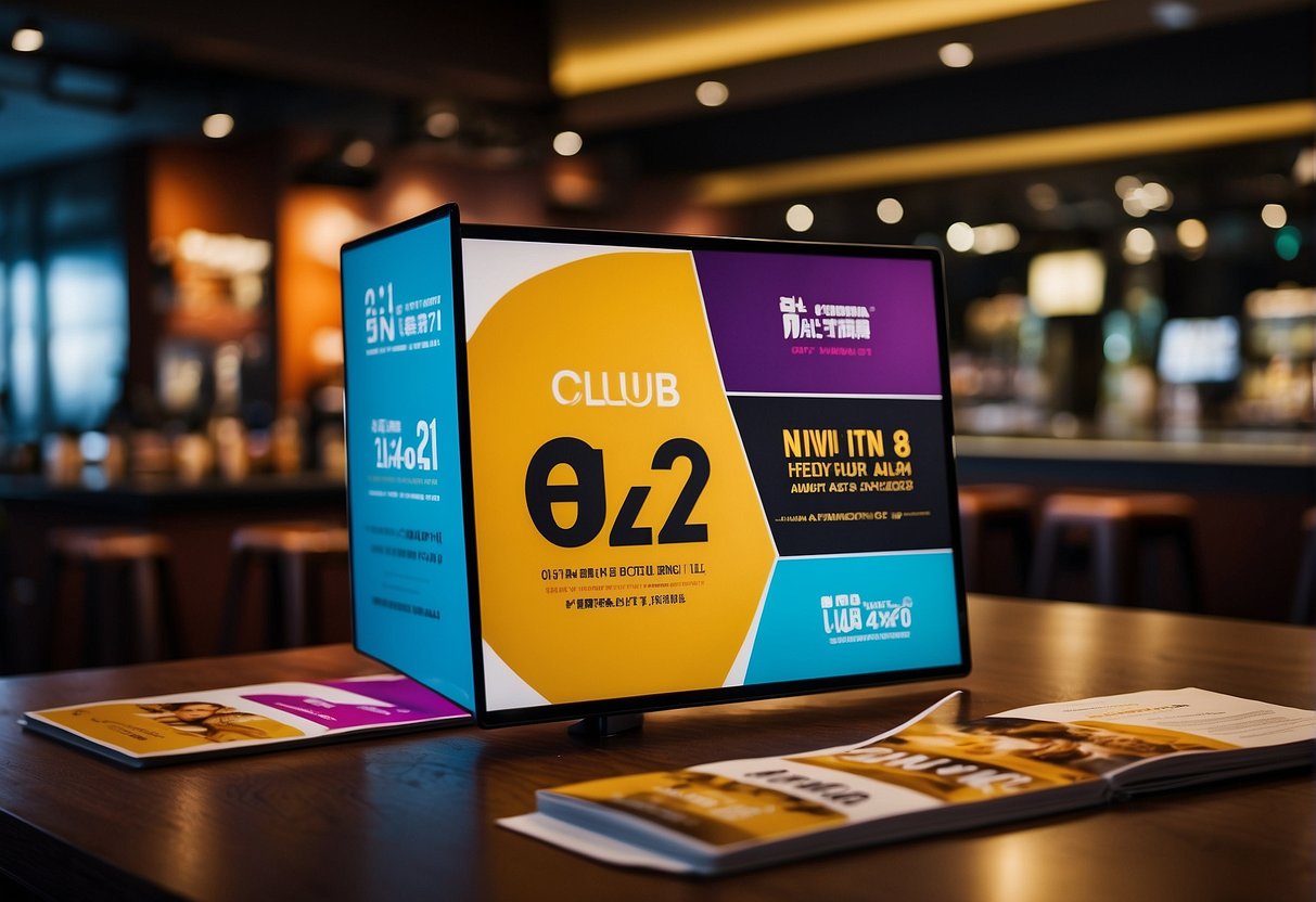 A vibrant display of promotional materials for Club 21 in Singapore, featuring bold typography and eye-catching graphics