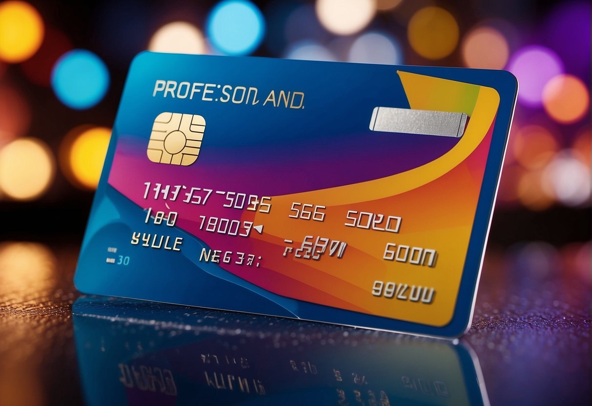 A sleek credit card surrounded by bold, eye-catching promotional offers and discounts. The card stands out against a backdrop of modern, vibrant colors and graphics