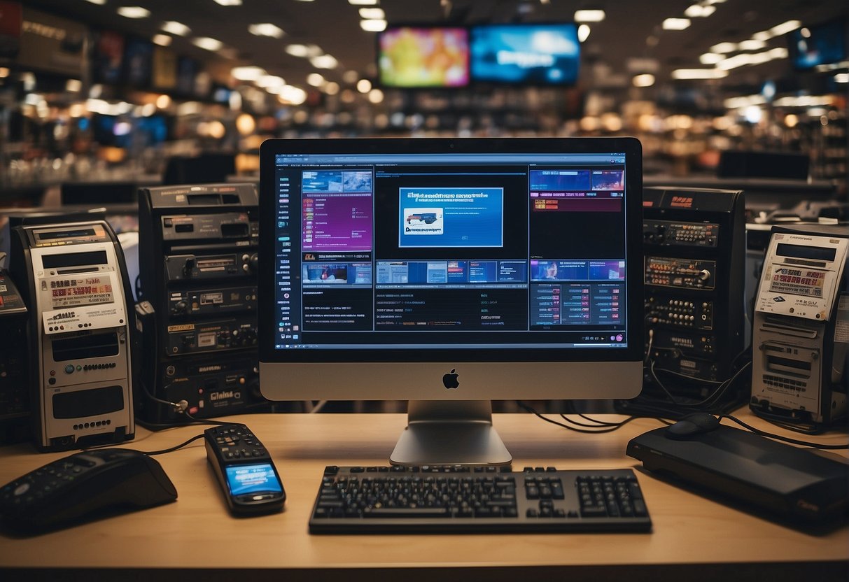 A sleek desktop computer surrounded by promotional banners and discount signs in a bustling electronics store